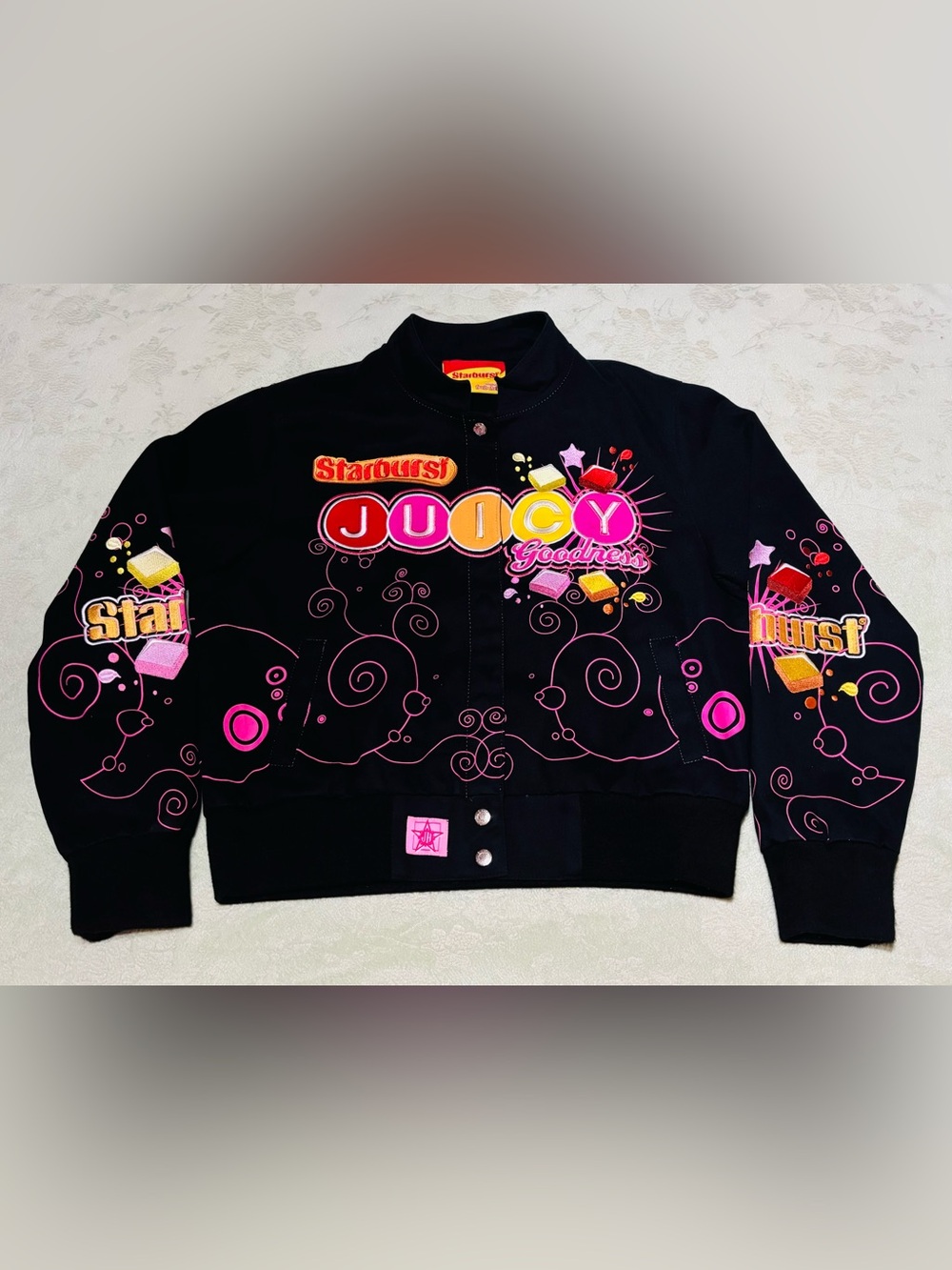 Vintage Y2K JH Design Starburst Juicy Goodness Twill Bomber Racing Jacket EUC